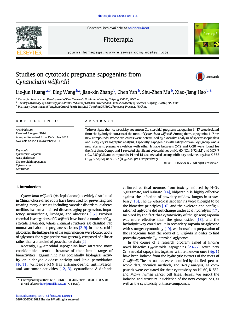 Studies on cytotoxic pregnane sapogenins from Cynanchum wilfordii