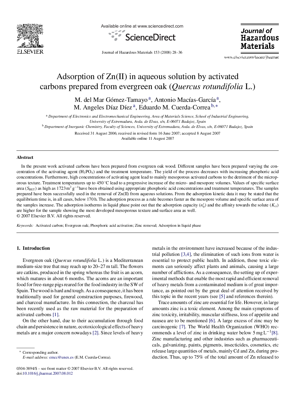 Adsorption of Zn(II) in aqueous solution by activated carbons prepared from evergreen oak (Quercus rotundifolia L.)