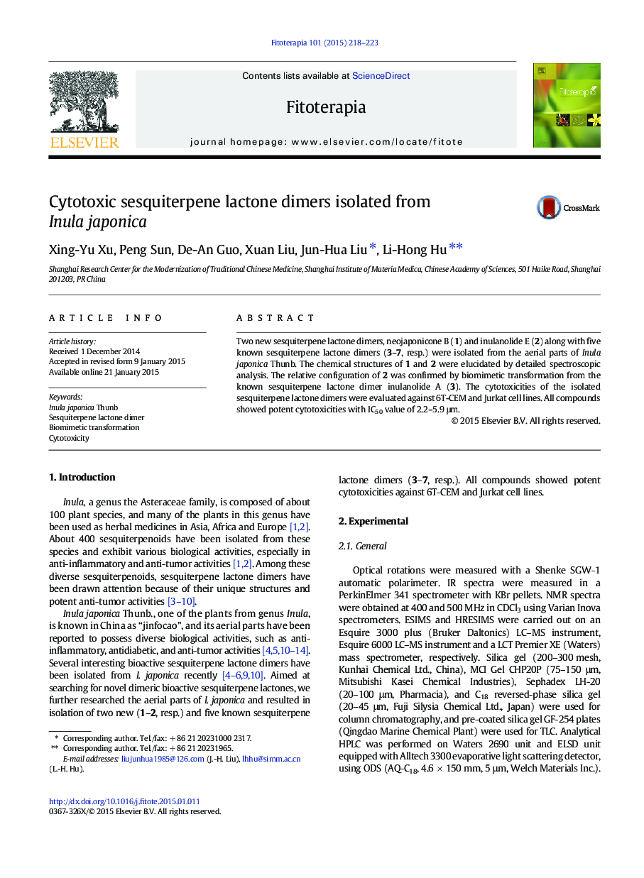 Cytotoxic sesquiterpene lactone dimers isolated from Inula japonica