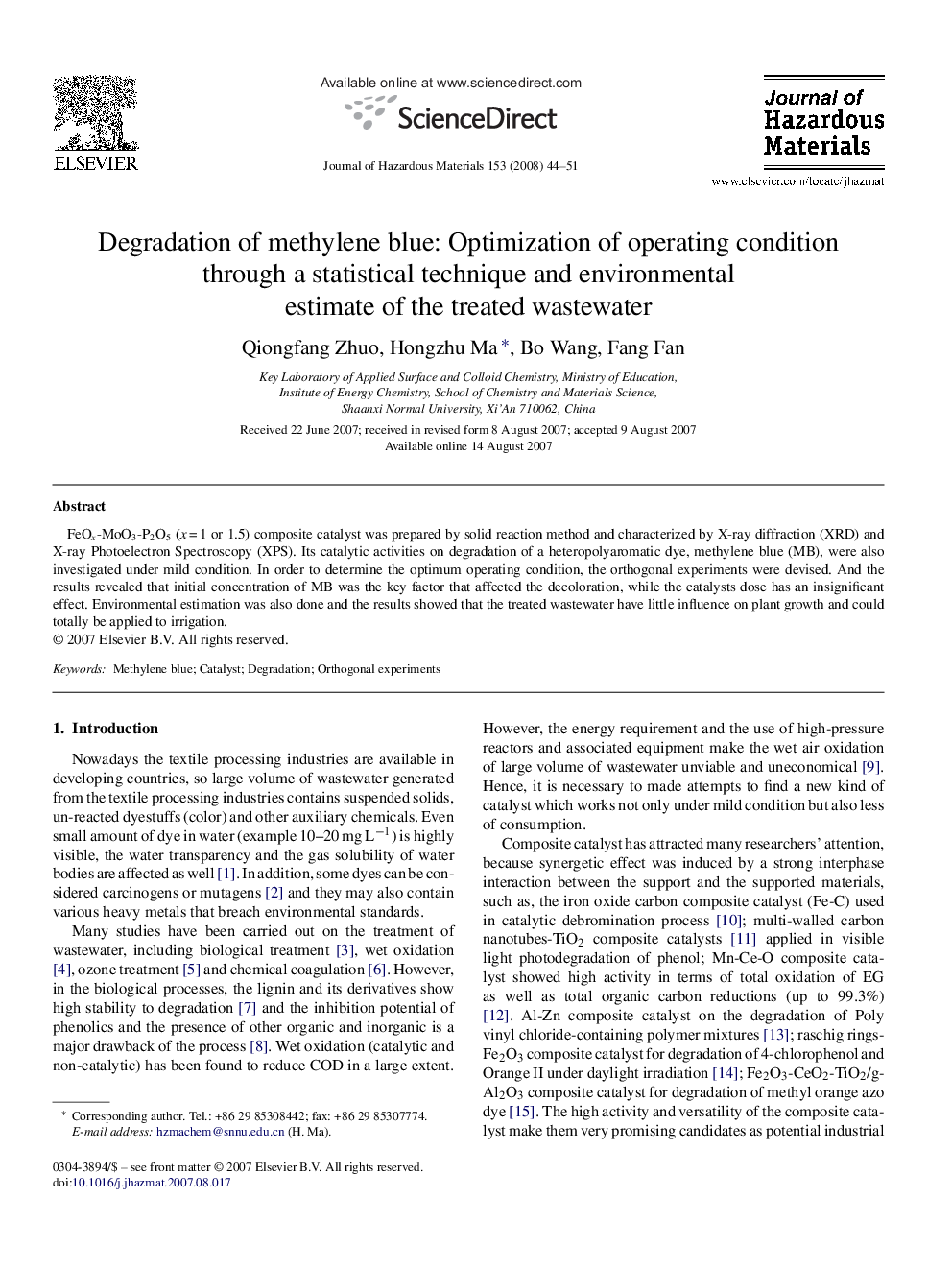 Degradation of methylene blue: Optimization of operating condition through a statistical technique and environmental estimate of the treated wastewater
