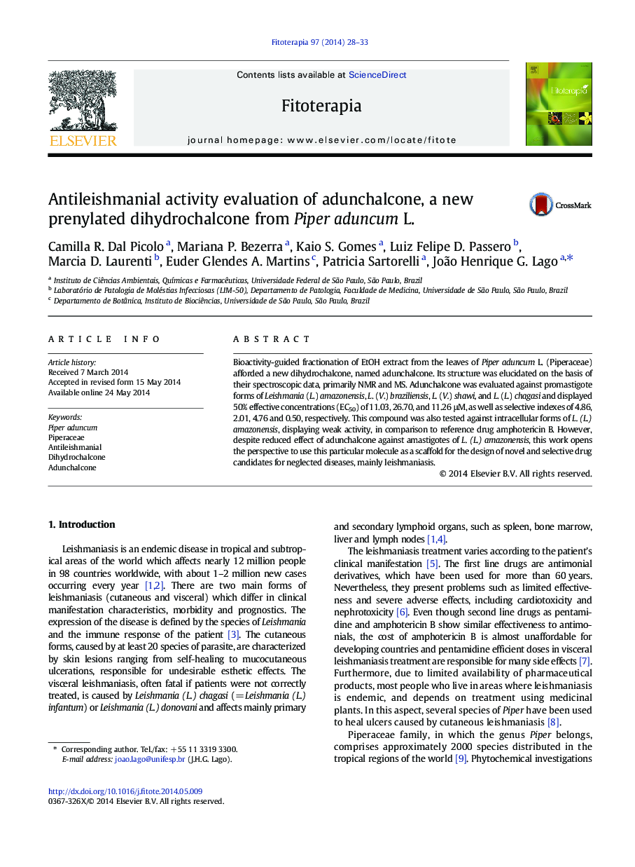 Antileishmanial activity evaluation of adunchalcone, a new prenylated dihydrochalcone from Piper aduncum L.