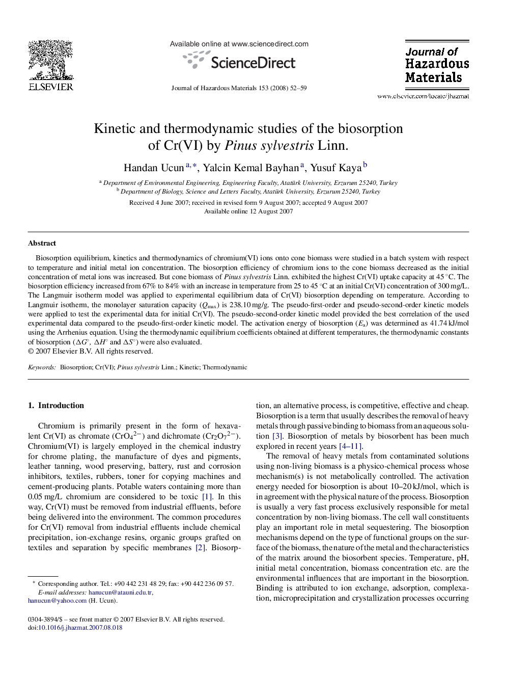 Kinetic and thermodynamic studies of the biosorption of Cr(VI) by Pinus sylvestris Linn.