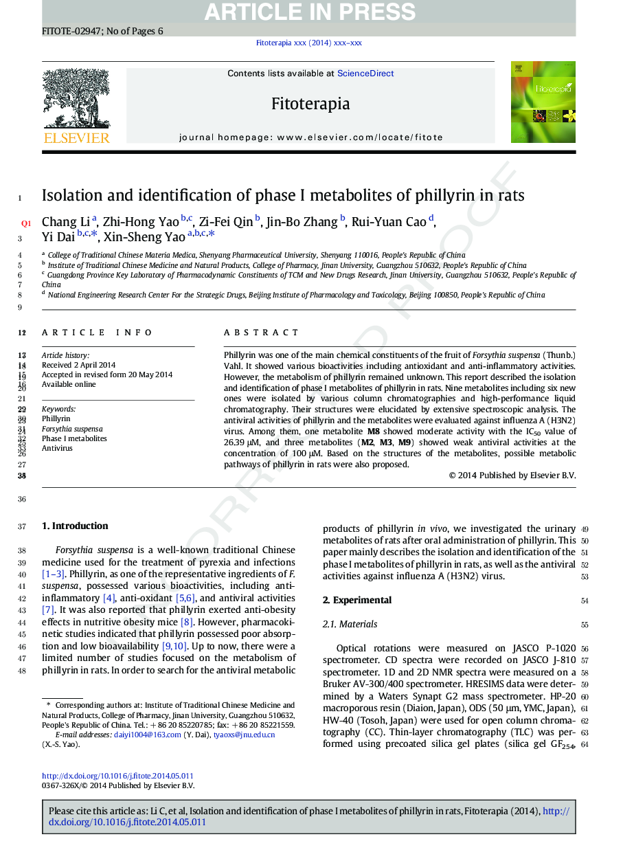 Isolation and identification of phase I metabolites of phillyrin in rats