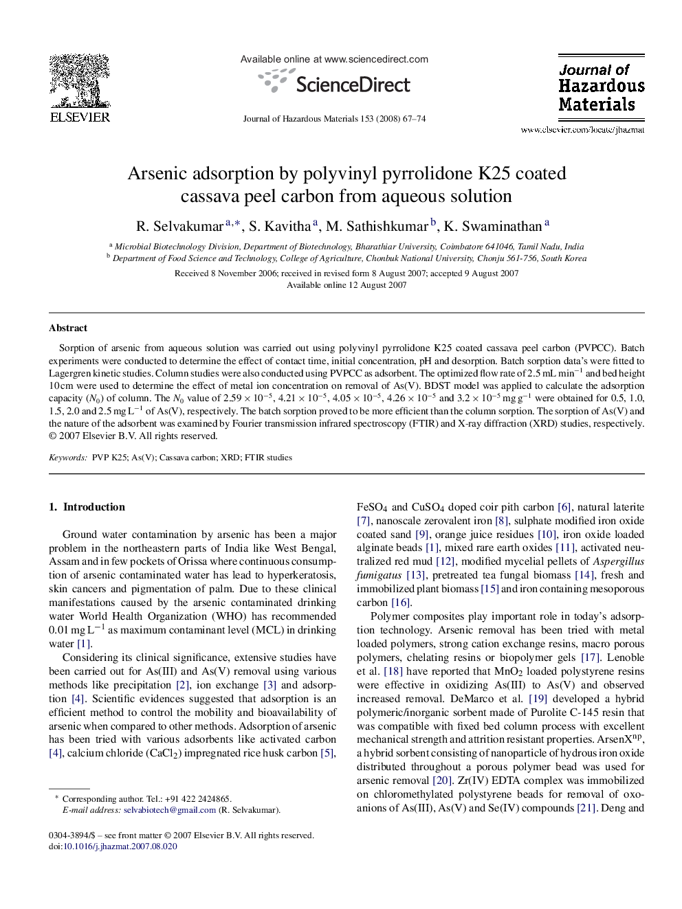 Arsenic adsorption by polyvinyl pyrrolidone K25 coated cassava peel carbon from aqueous solution