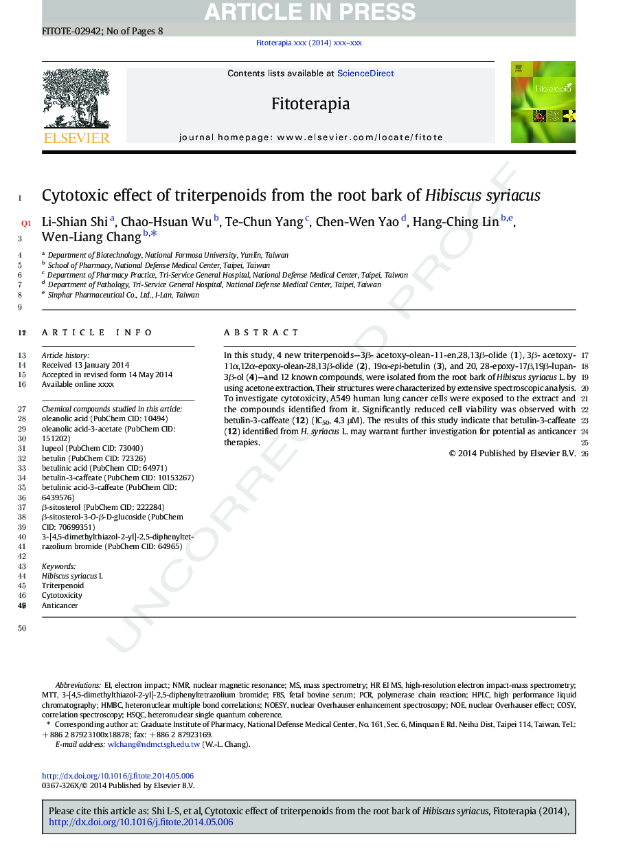 Cytotoxic effect of triterpenoids from the root bark of Hibiscus syriacus