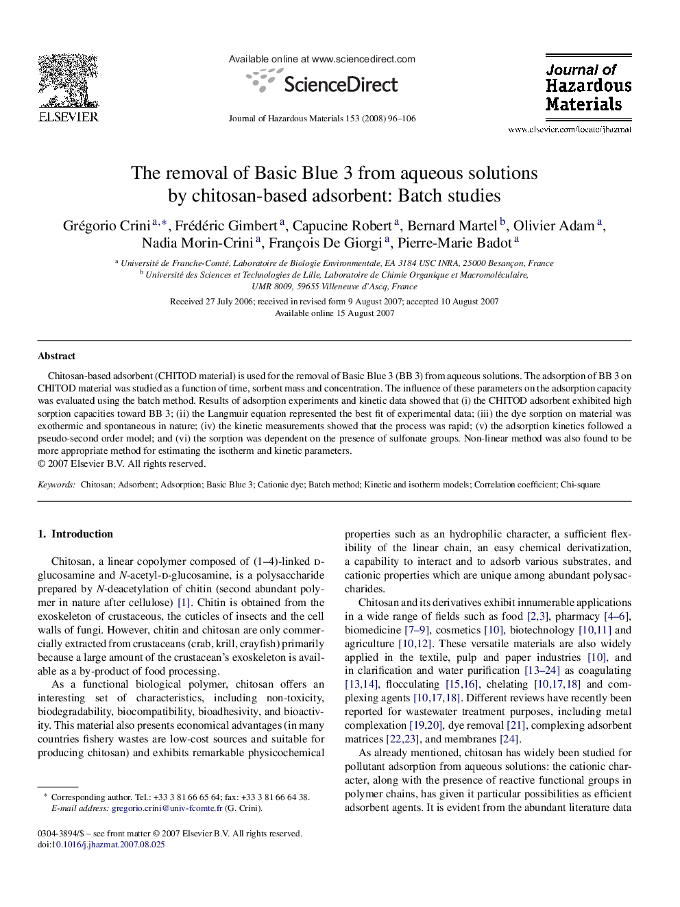 The removal of Basic Blue 3 from aqueous solutions by chitosan-based adsorbent: Batch studies