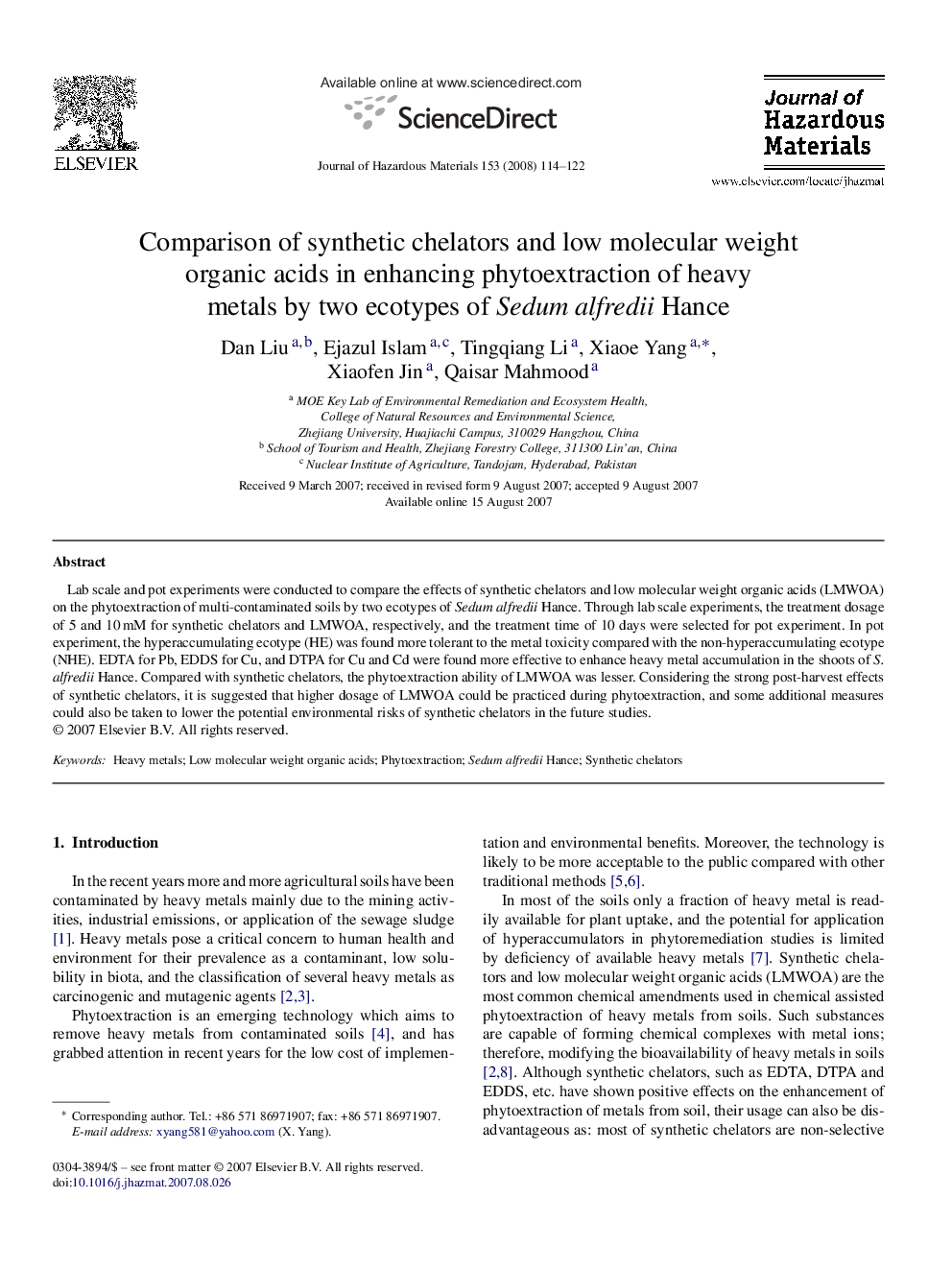 Comparison of synthetic chelators and low molecular weight organic acids in enhancing phytoextraction of heavy metals by two ecotypes of Sedum alfredii Hance