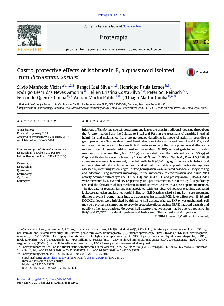 Gastro-protective effects of isobrucein B, a quassinoid isolated from Picrolemma sprucei