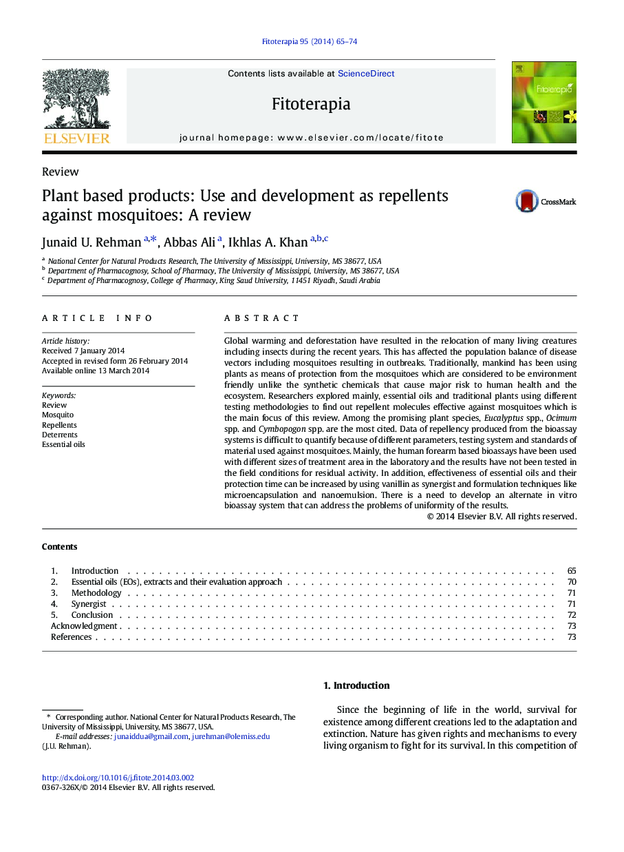 Plant based products: Use and development as repellents against mosquitoes: A review