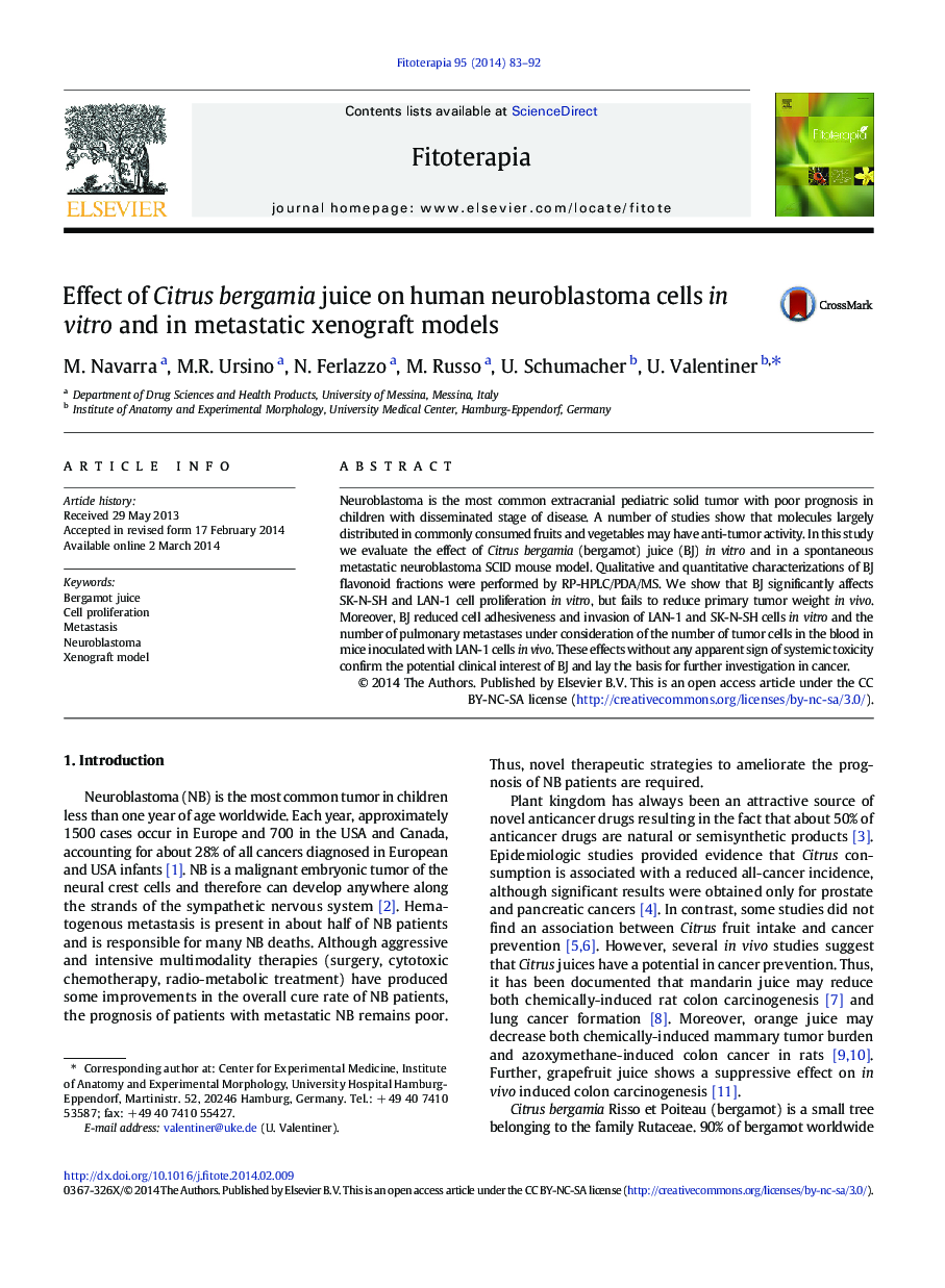 Effect of Citrus bergamia juice on human neuroblastoma cells in vitro and in metastatic xenograft models