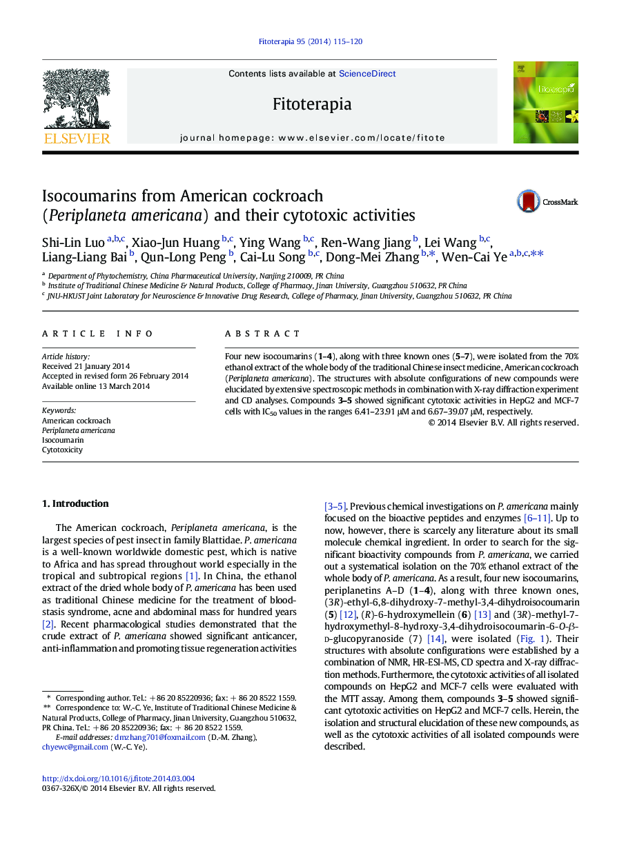Isocoumarins from American cockroach (Periplaneta americana) and their cytotoxic activities