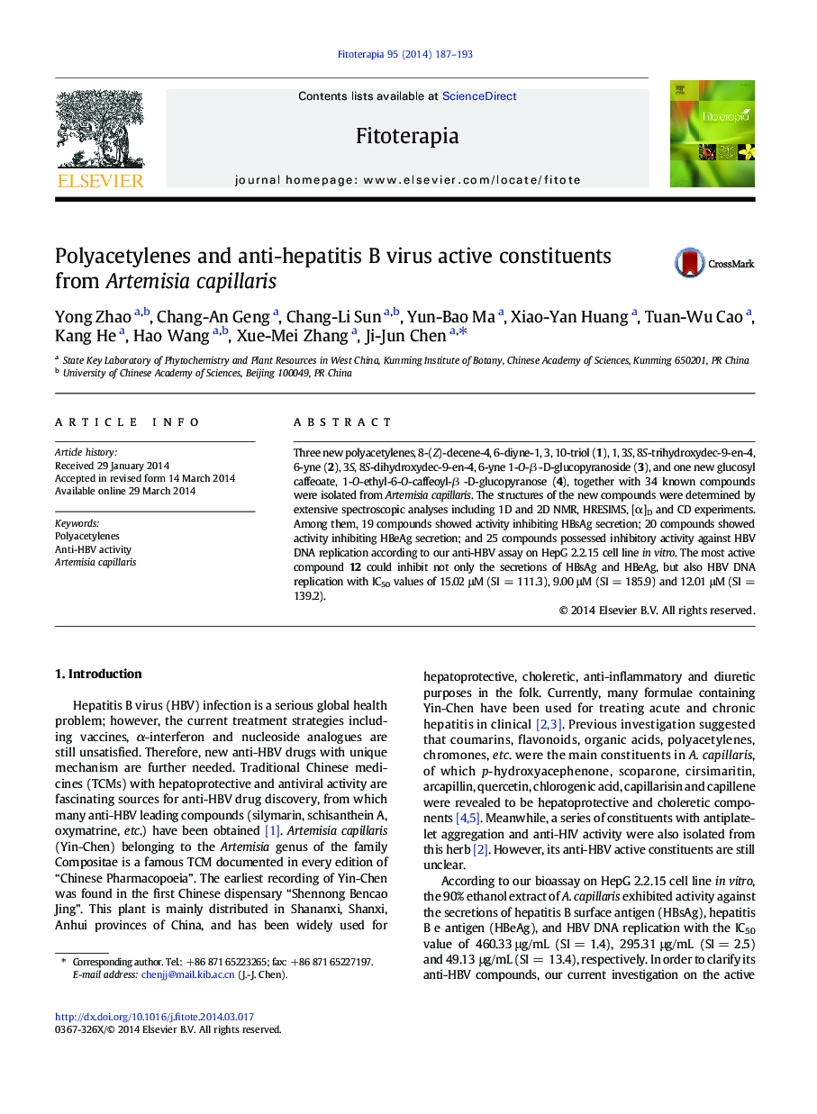 Polyacetylenes and anti-hepatitis B virus active constituents from Artemisia capillaris