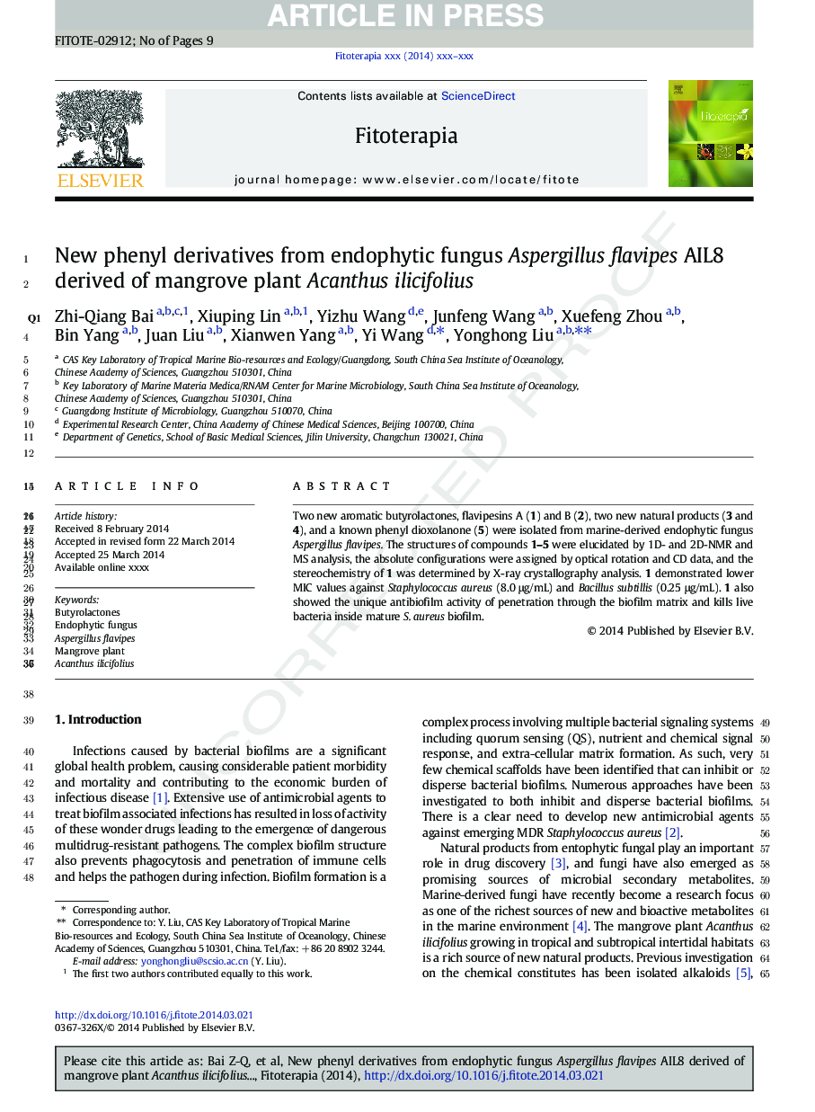 New phenyl derivatives from endophytic fungus Aspergillus flavipes AIL8 derived of mangrove plant Acanthus ilicifolius