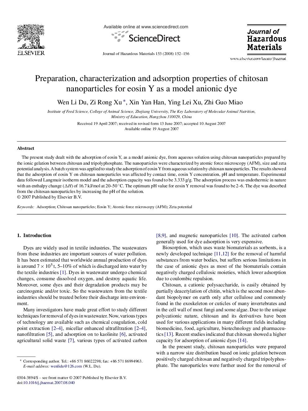 Preparation, characterization and adsorption properties of chitosan nanoparticles for eosin Y as a model anionic dye