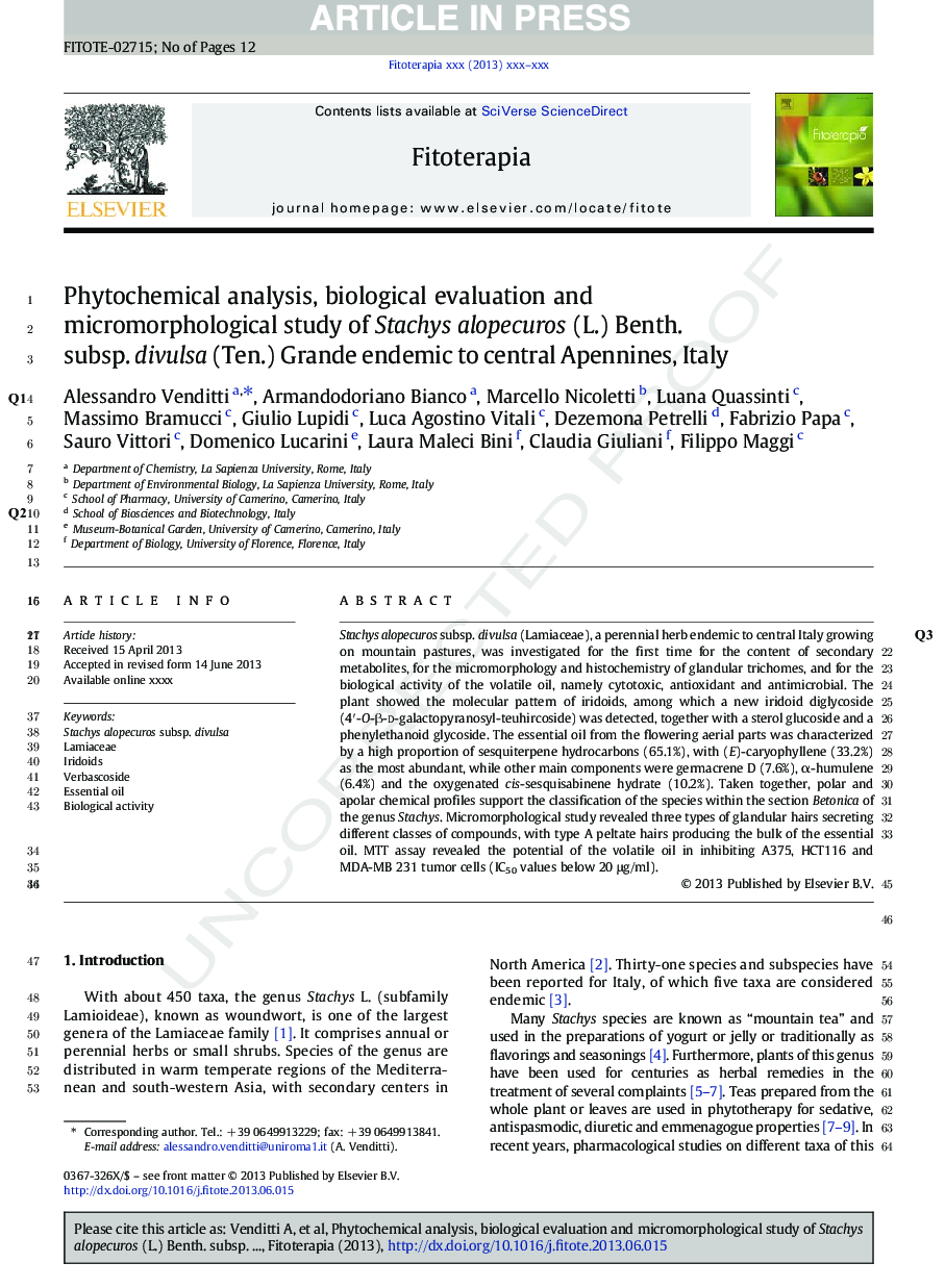 Phytochemical analysis, biological evaluation and micromorphological study of Stachys alopecuros (L.) Benth. subsp. divulsa (Ten.) Grande endemic to central Apennines, Italy