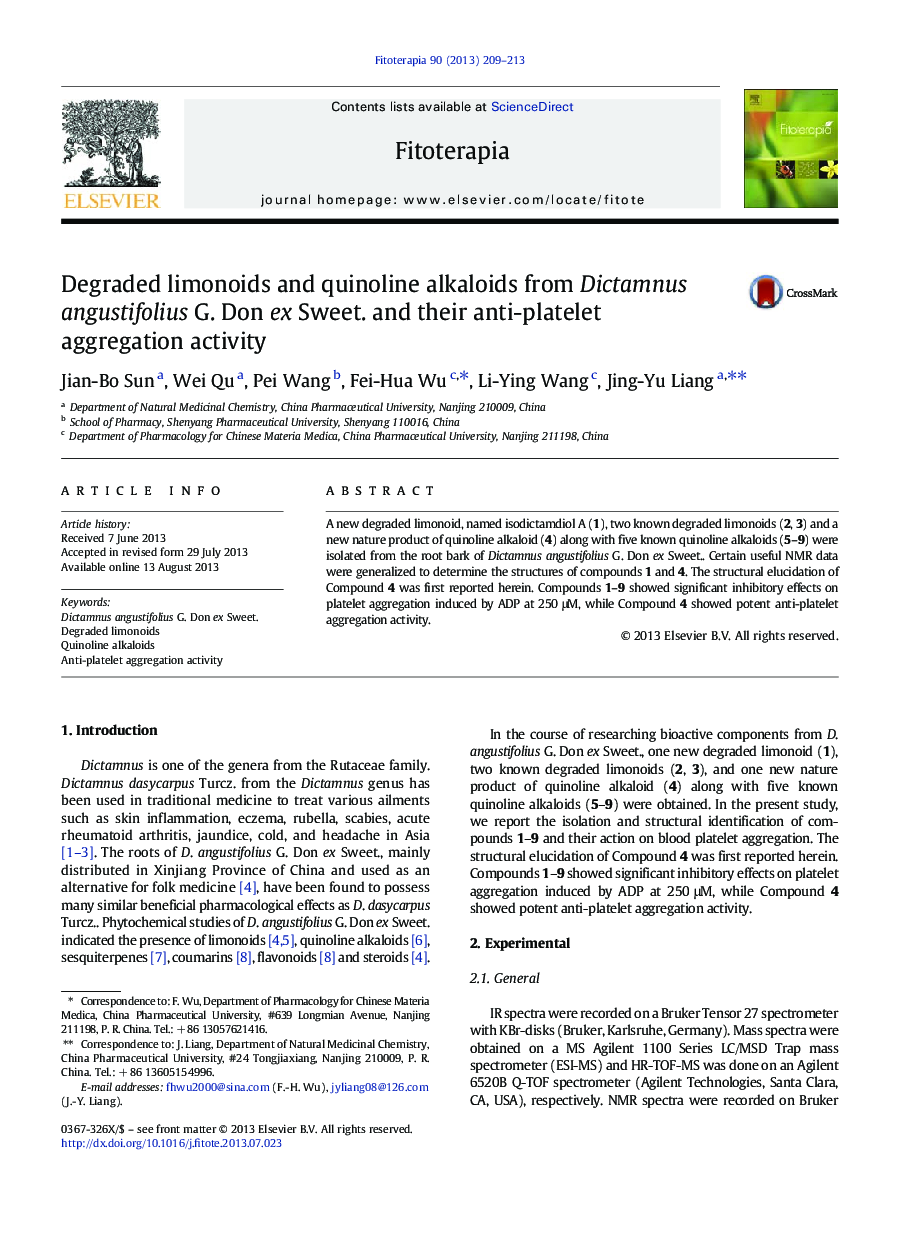 Degraded limonoids and quinoline alkaloids from Dictamnus angustifolius G. Don ex Sweet. and their anti-platelet aggregation activity