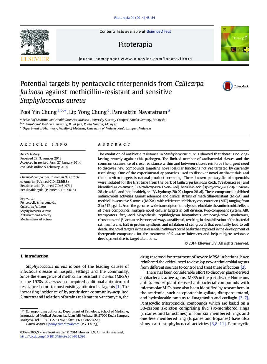 Potential targets by pentacyclic triterpenoids from Callicarpa farinosa against methicillin-resistant and sensitive Staphylococcus aureus