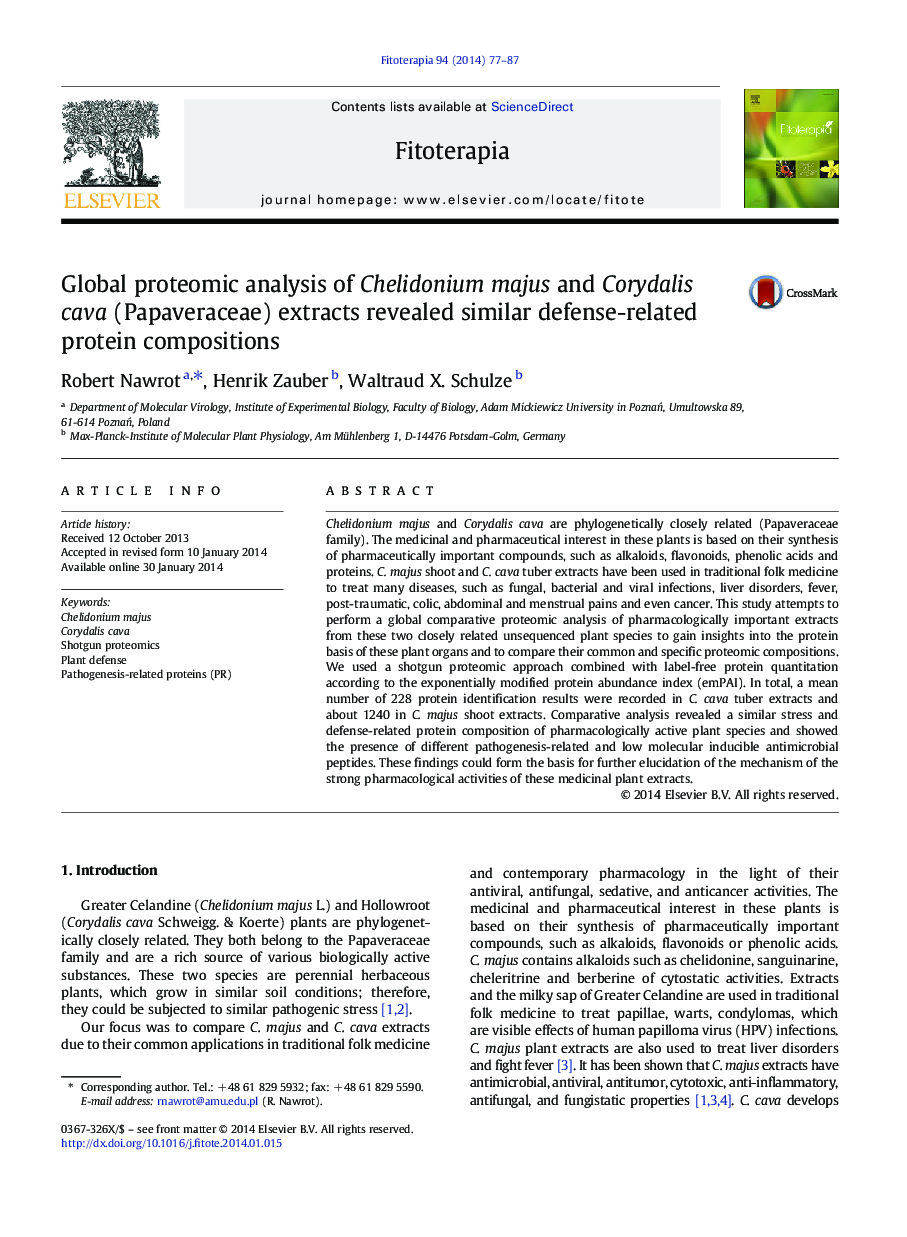 عکس صفحه اول مقاله: Global proteomic analysis of Chelidonium majus and Corydalis cava (Papaveraceae) extracts revealed similar defense-related protein compositions Global proteomic analysis of Chelidonium majus and Corydalis cava (Papaveraceae) extracts revealed similar defense-related protein compositions