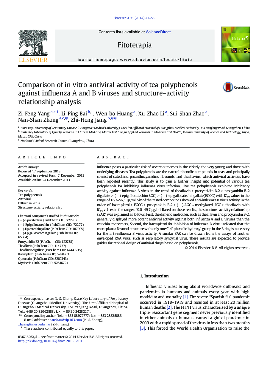 عکس صفحه اول مقاله: Comparison of in vitro antiviral activity of tea polyphenols against influenza A and B viruses and structure-activity relationship analysis Comparison of in vitro antiviral activity of tea polyphenols against influenza A and B viruses and structure-activity relationship analysis