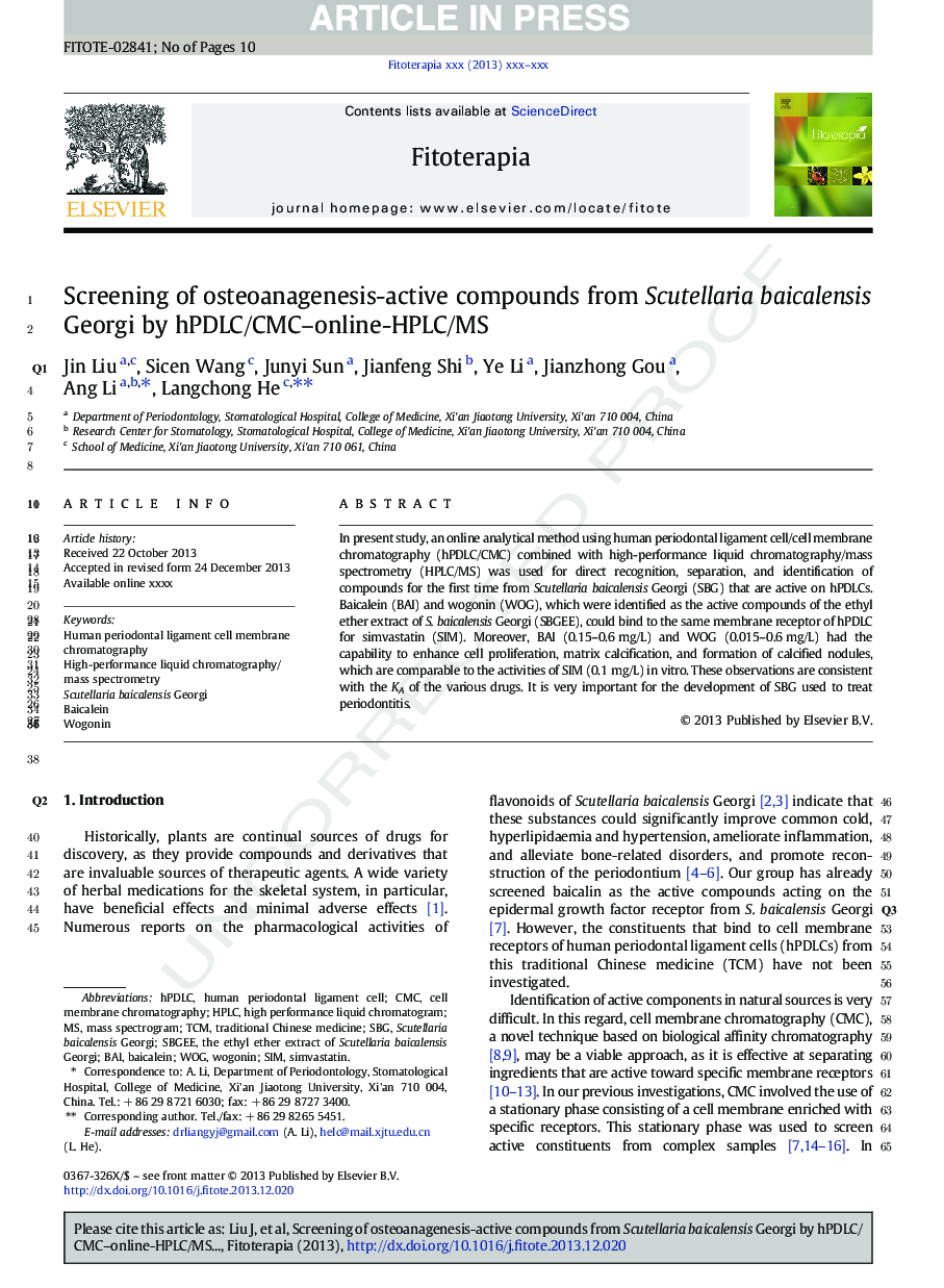 Screening of osteoanagenesis-active compounds from Scutellaria baicalensis Georgi by hPDLC/CMC-online-HPLC/MS