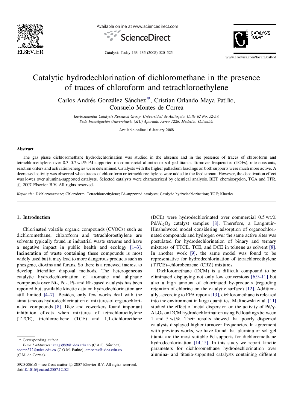 Catalytic hydrodechlorination of dichloromethane in the presence of traces of chloroform and tetrachloroethylene