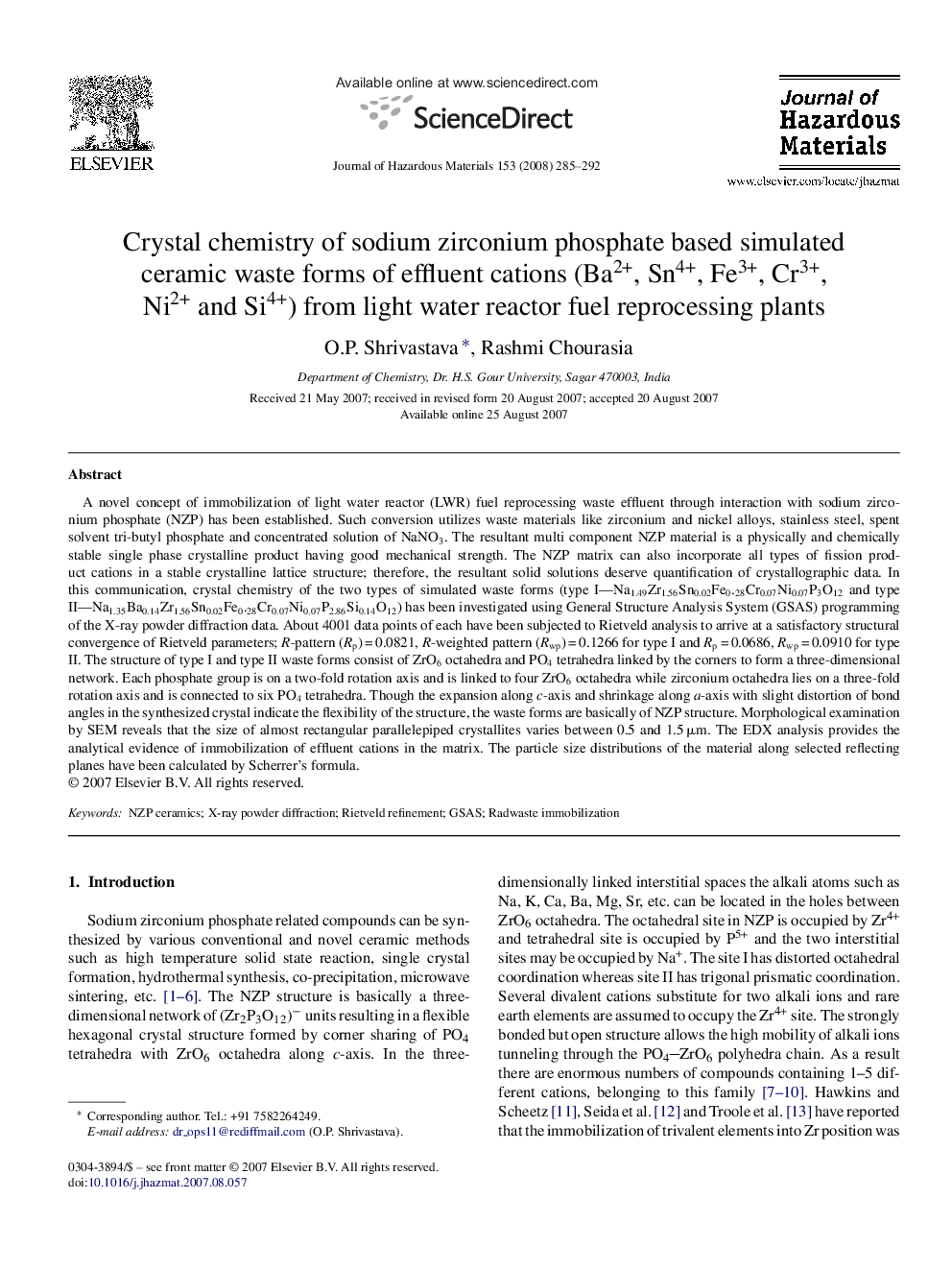 Crystal chemistry of sodium zirconium phosphate based simulated ceramic waste forms of effluent cations (Ba2+, Sn4+, Fe3+, Cr3+, Ni2+ and Si4+) from light water reactor fuel reprocessing plants