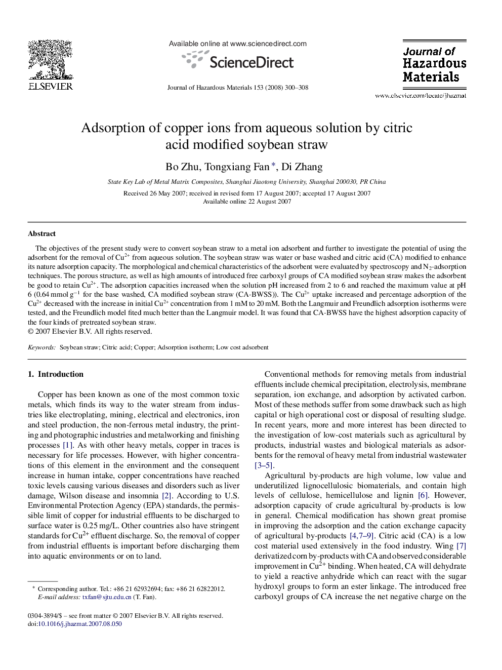 Adsorption of copper ions from aqueous solution by citric acid modified soybean straw