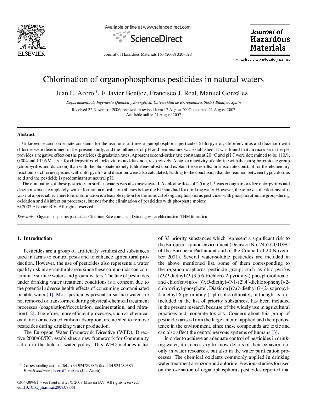 Chlorination of organophosphorus pesticides in natural waters