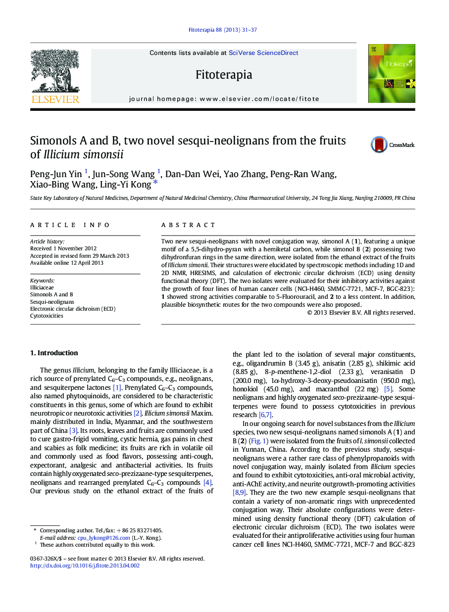 Simonols A and B, two novel sesqui-neolignans from the fruits of Illicium simonsii