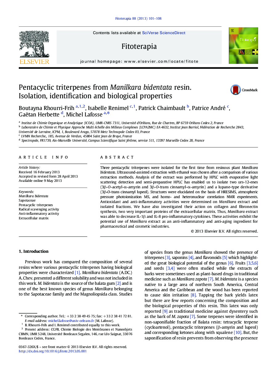 Pentacyclic triterpenes from Manilkara bidentata resin. Isolation, identification and biological properties