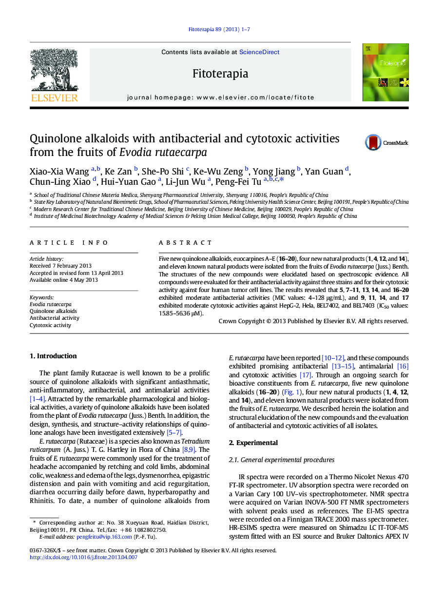 Quinolone alkaloids with antibacterial and cytotoxic activities from the fruits of Evodia rutaecarpa