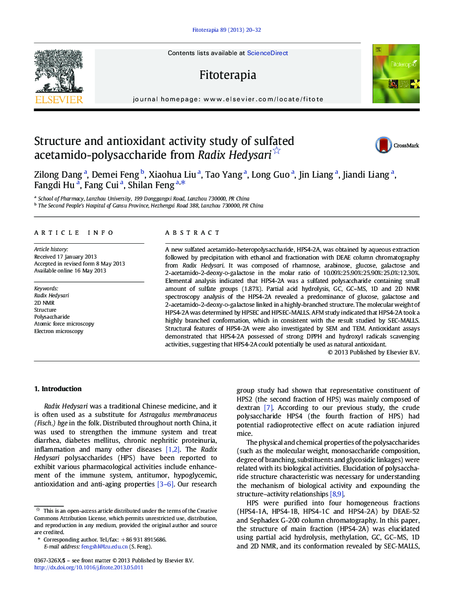 Structure and antioxidant activity study of sulfated acetamido-polysaccharide from Radix Hedysari