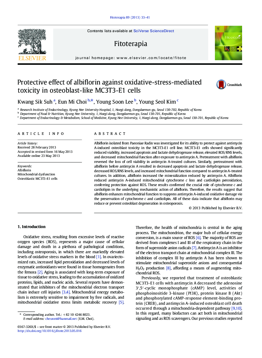 Protective effect of albiflorin against oxidative-stress-mediated toxicity in osteoblast-like MC3T3-E1 cells