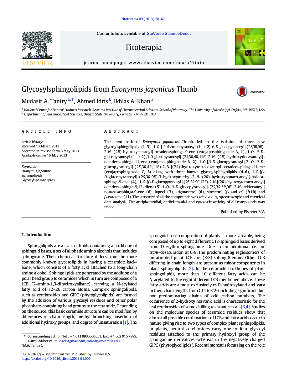 Glycosylsphingolipids from Euonymus japonicus Thunb