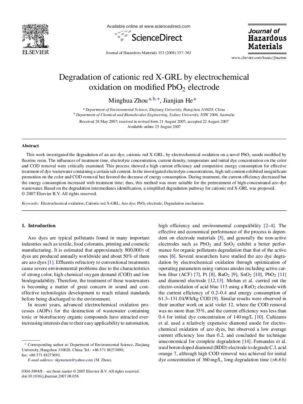 Degradation of cationic red X-GRL by electrochemical oxidation on modified PbO2 electrode