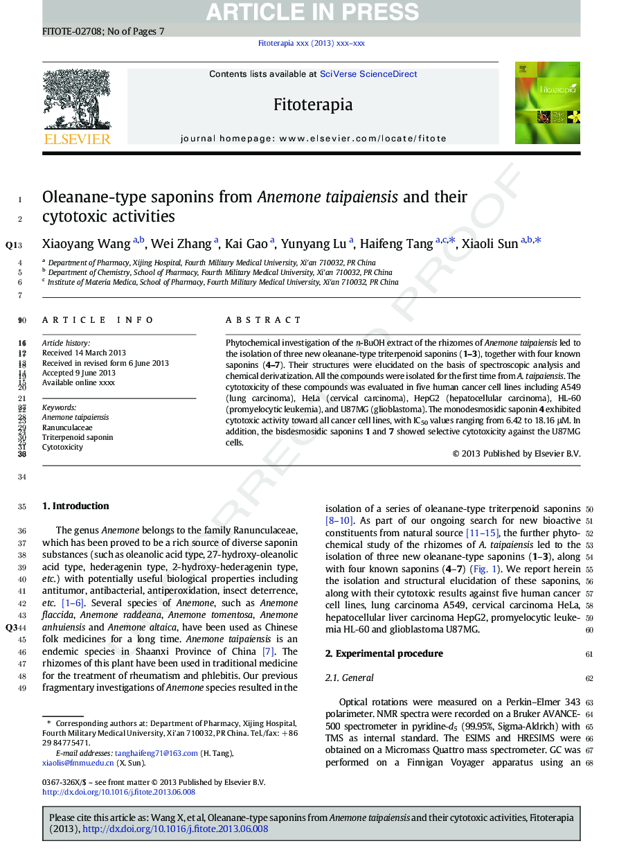 Oleanane-type saponins from Anemone taipaiensis and their cytotoxic activities