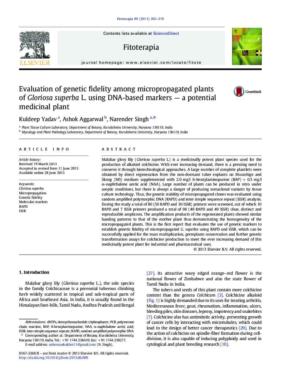Evaluation of genetic fidelity among micropropagated plants of Gloriosa superba L. using DNA-based markers - a potential medicinal plant