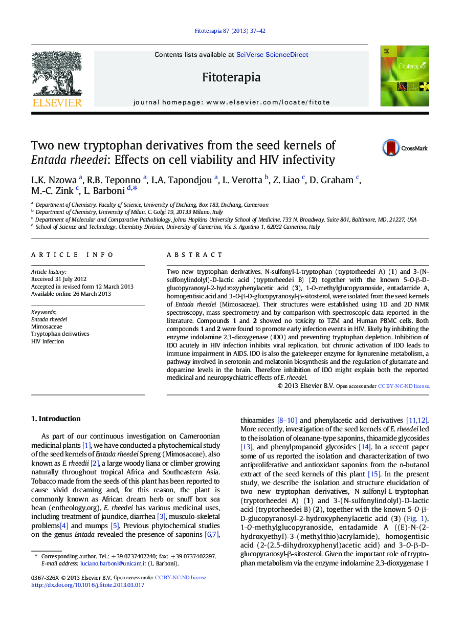 Two new tryptophan derivatives from the seed kernels of Entada rheedei: Effects on cell viability and HIV infectivity