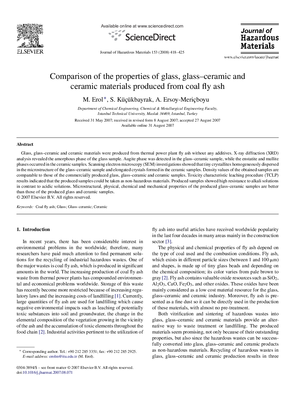 Comparison of the properties of glass, glass-ceramic and ceramic materials produced from coal fly ash