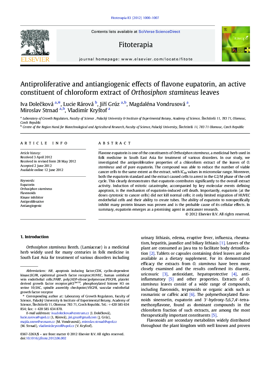 Antiproliferative and antiangiogenic effects of flavone eupatorin, an active constituent of chloroform extract of Orthosiphon stamineus leaves