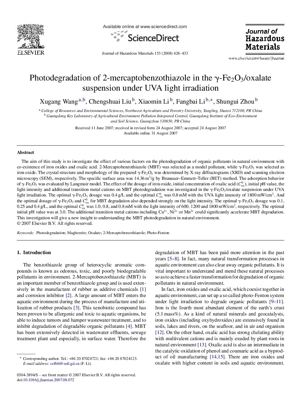 Photodegradation of 2-mercaptobenzothiazole in the Î³-Fe2O3/oxalate suspension under UVA light irradiation