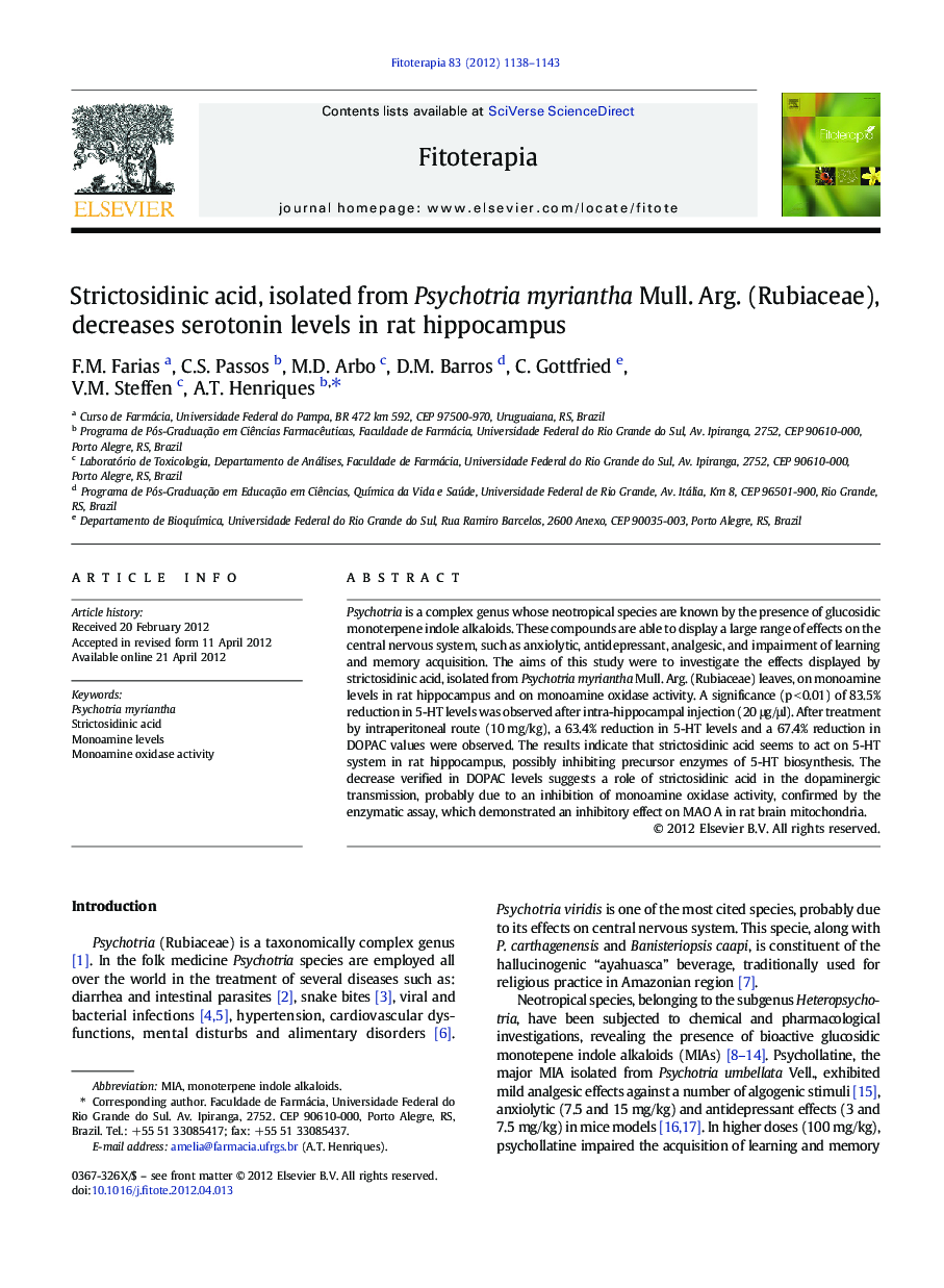 Strictosidinic acid, isolated from Psychotria myriantha Mull. Arg. (Rubiaceae), decreases serotonin levels in rat hippocampus