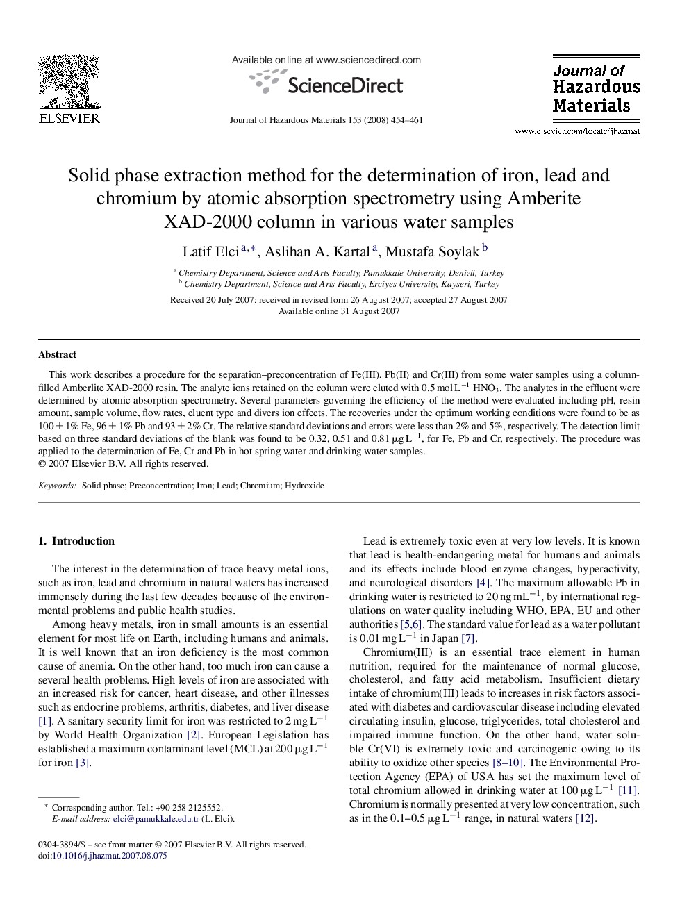 Solid phase extraction method for the determination of iron, lead and chromium by atomic absorption spectrometry using Amberite XAD-2000 column in various water samples