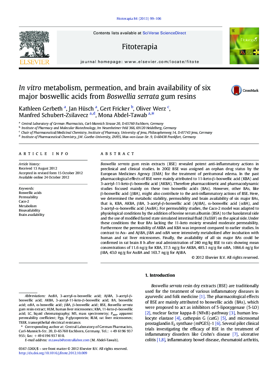 In vitro metabolism, permeation, and brain availability of six major boswellic acids from Boswellia serrata gum resins