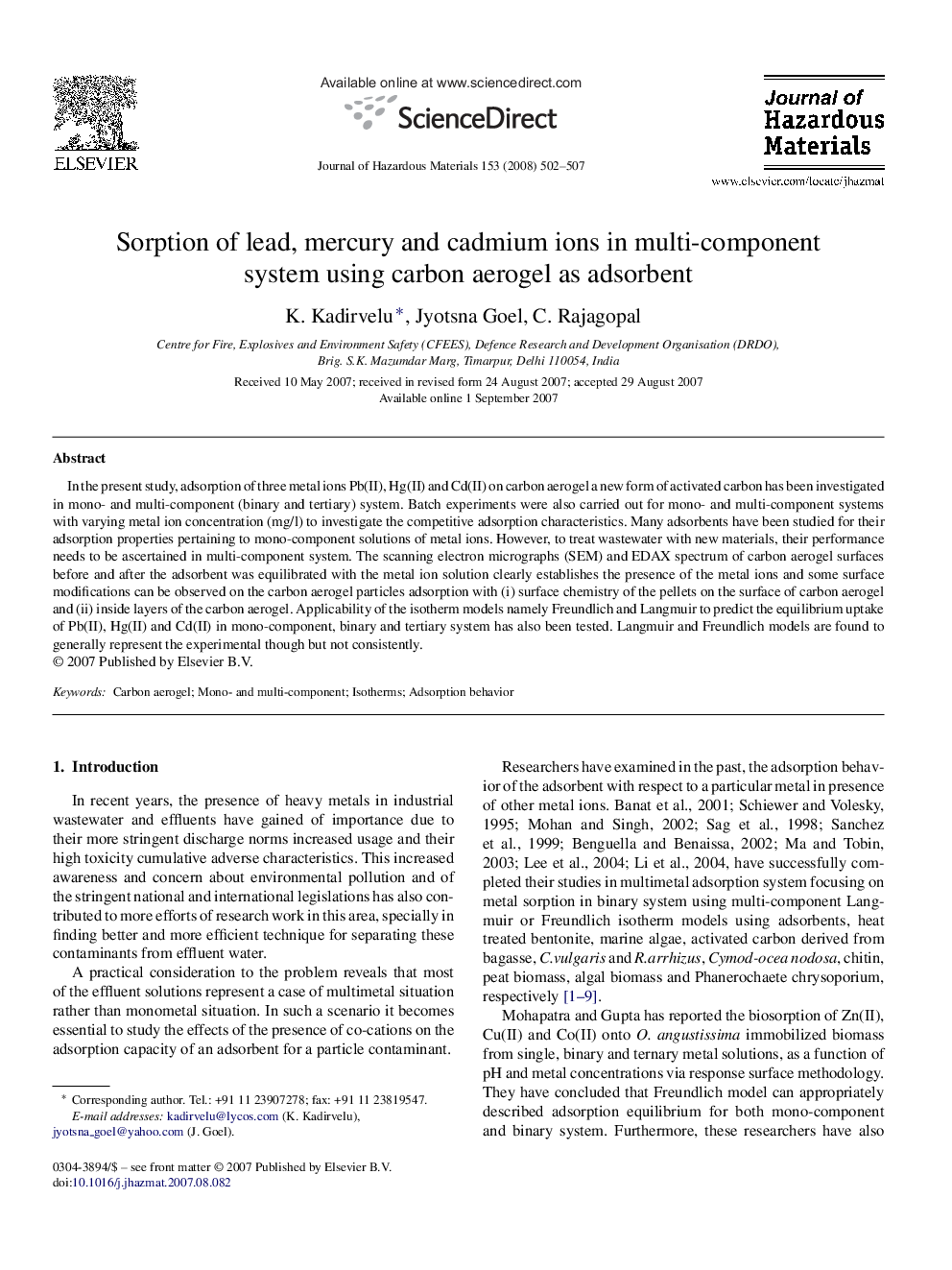 Sorption of lead, mercury and cadmium ions in multi-component system using carbon aerogel as adsorbent