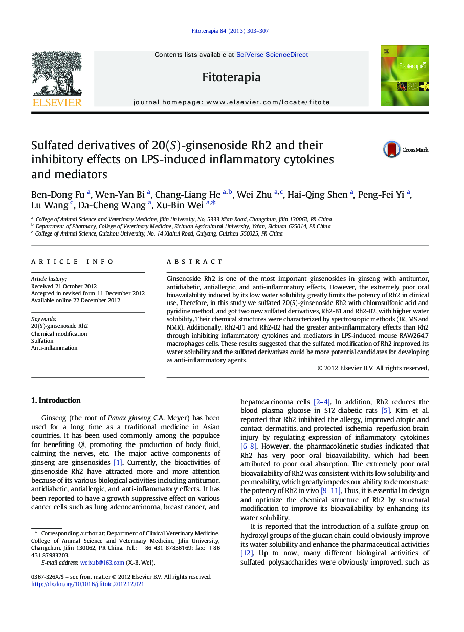 Sulfated derivatives of 20(S)-ginsenoside Rh2 and their inhibitory effects on LPS-induced inflammatory cytokines and mediators