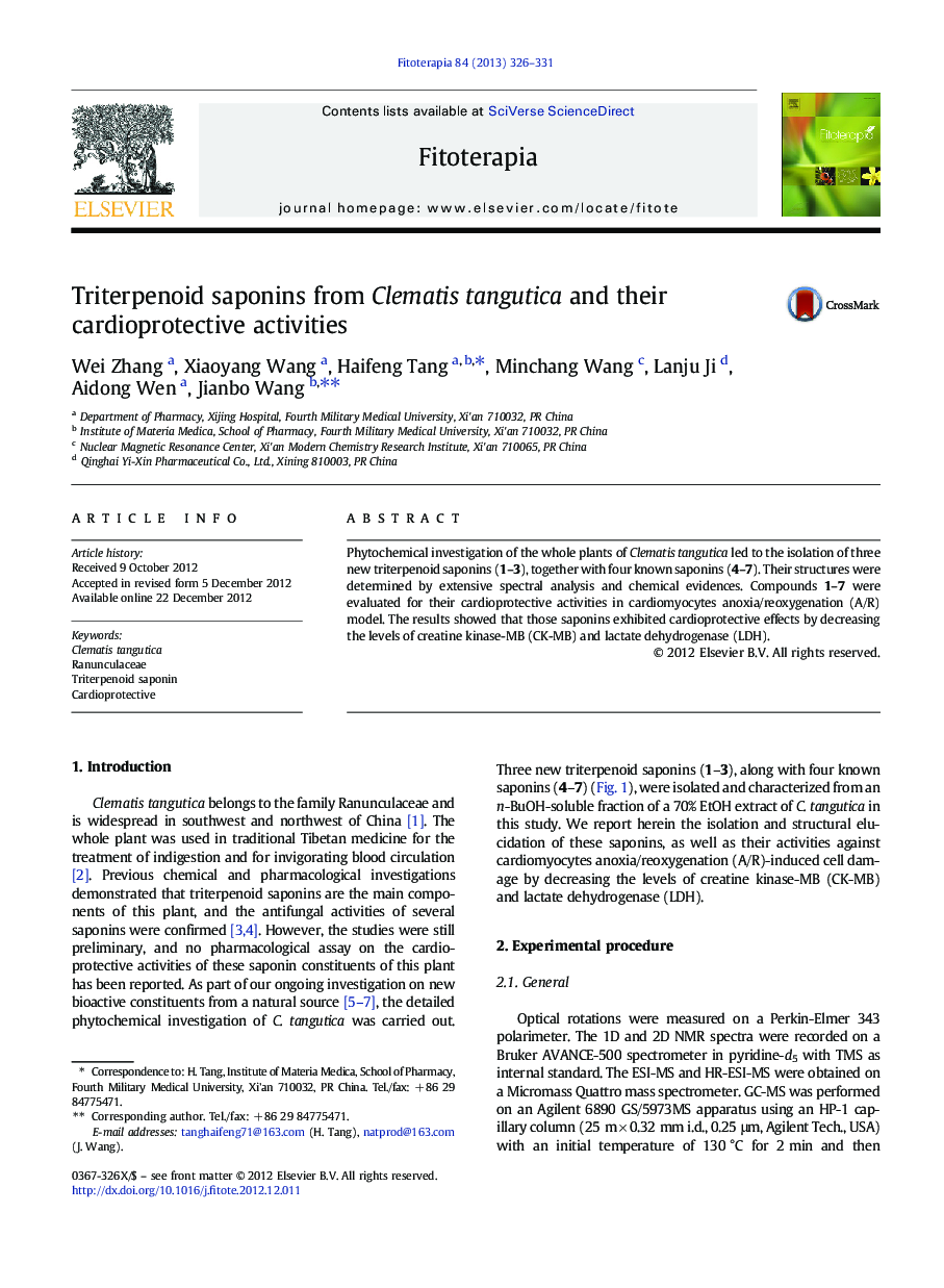 Triterpenoid saponins from Clematis tangutica and their cardioprotective activities