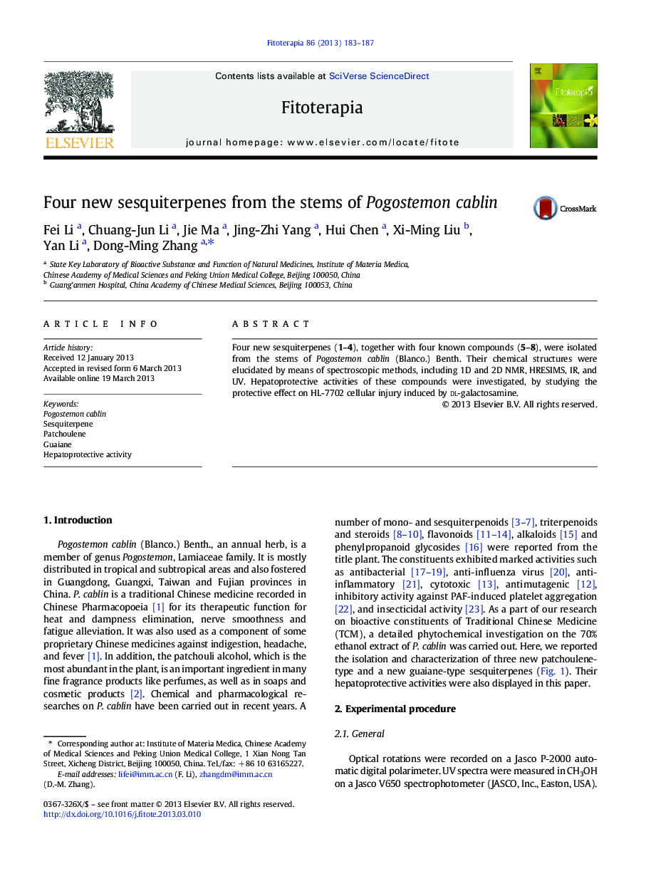 Four new sesquiterpenes from the stems of Pogostemon cablin