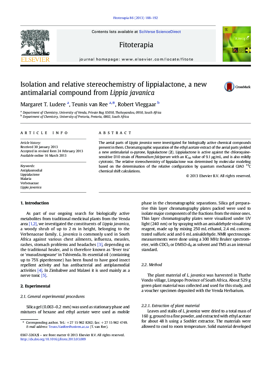 Isolation and relative stereochemistry of lippialactone, a new antimalarial compound from Lippia javanica