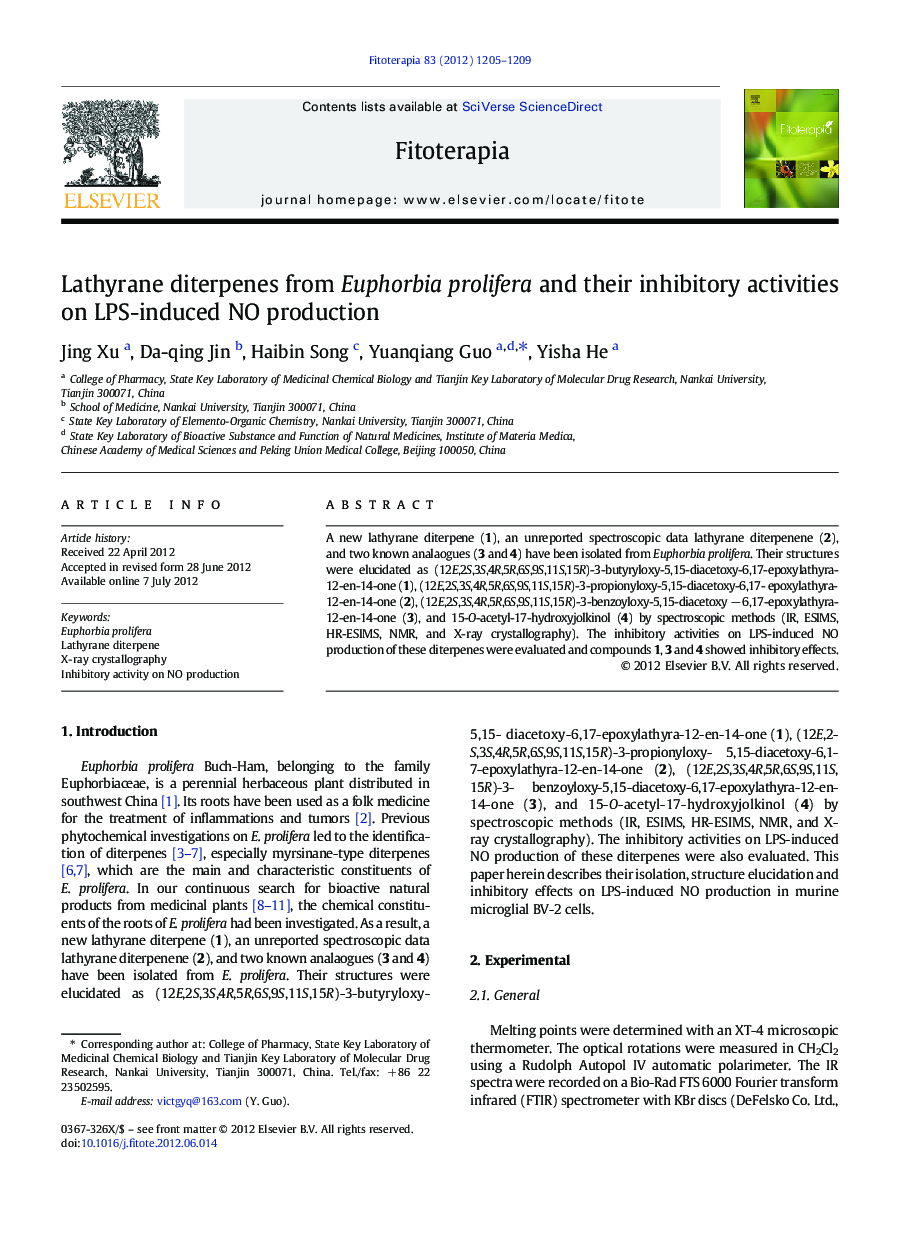 Lathyrane diterpenes from Euphorbia prolifera and their inhibitory activities on LPS-induced NO production